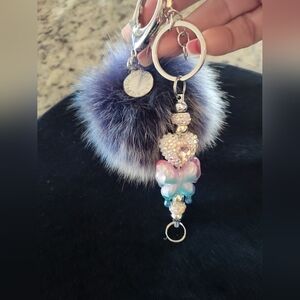 Rebecca Minkoff X BeadBrain.net Fox Fur Pompom Beaded Keychain Charm